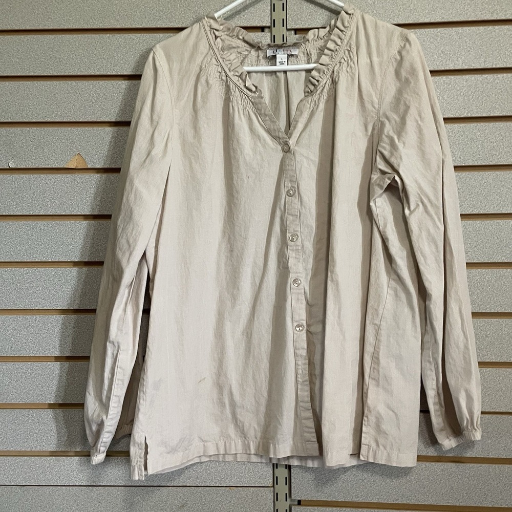 d & co Denim Company Long Sleeve Button Down Shirt‎ Blouse Sz L V Ruffled Neck